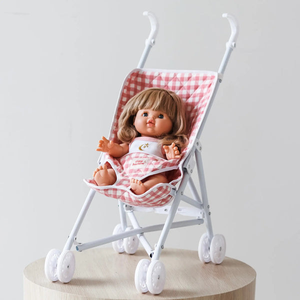 Tiny Harlow blush gingham doll stroller