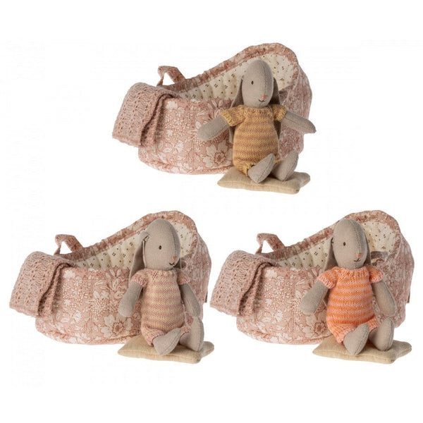 Maileg micro bunny in carry cot - 3 assorted colours
