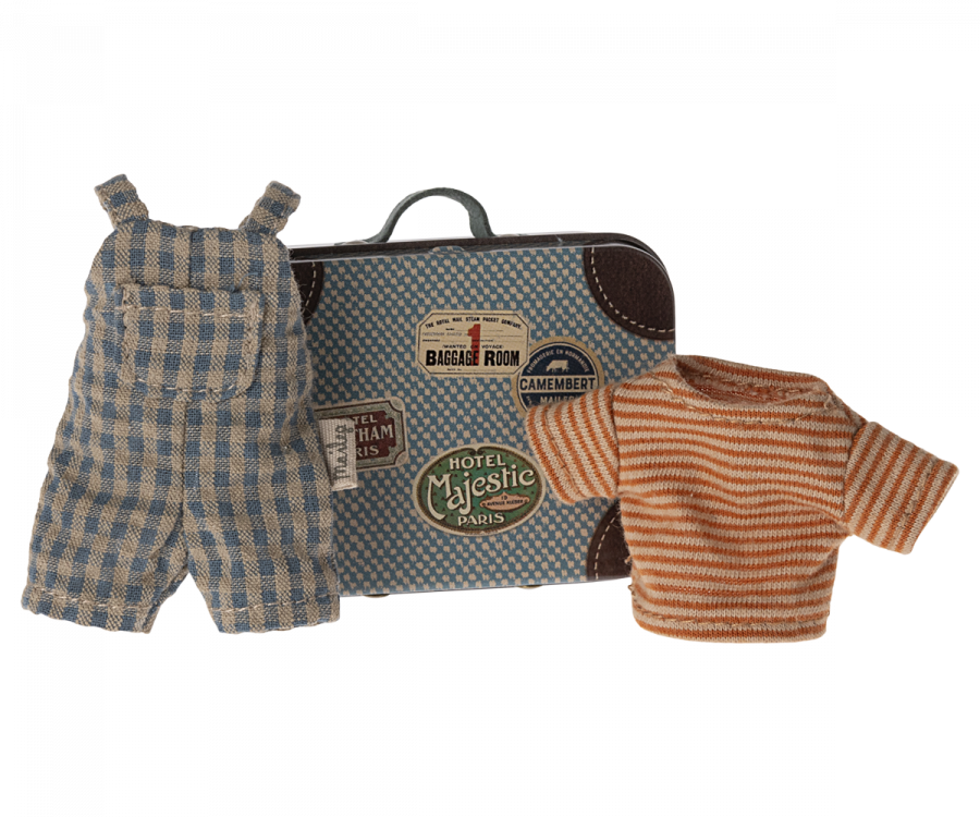 PRE-ORDER Maileg Overalls and shirt in suitcase, Big brother mouse