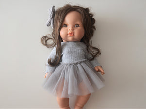 Grey leotard, hair bow + tulle skirt 3 pc set for 34 or 38 cm doll