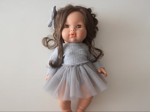 Grey leotard, hair bow + tulle skirt 3 pc set for 34 or 38 cm doll