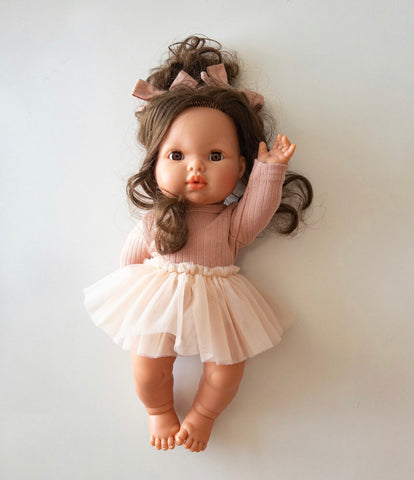 pale pink leotard, hair bow + tulle skirt 3 pc set for 34 or 38 cm doll