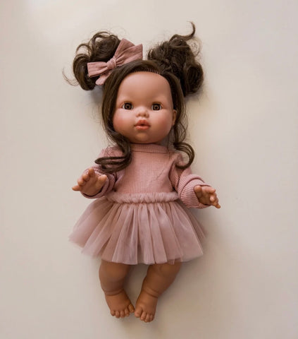 Deep blush pink leotard, hair bow + tulle skirt 3 pc set for 34 or 38 cm doll