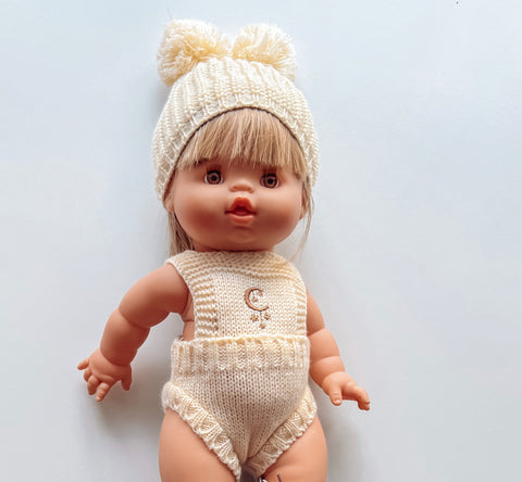 cream knit romper and pom beanie set for 34 or 38 cm doll