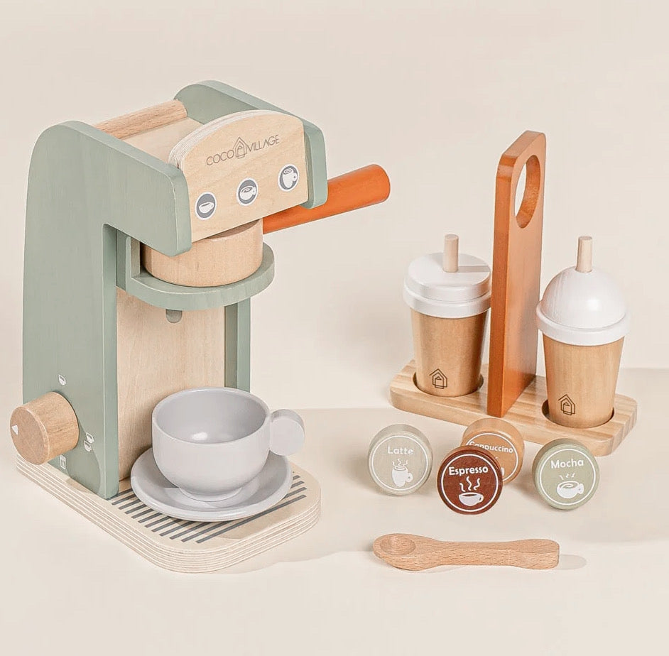 wooden coffee maker espresso machine toy set