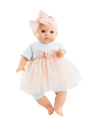 Paola Reina Tania soft doll with sleepy eyes pacifier and blue daisy outfit
