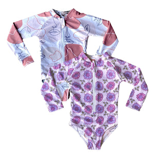 Quincy Reversible UPF50+ Long Sleeve Swimsuit Dusty Purple Daisies