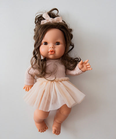 Pale mauve ribbed set, hair bow + tulle skirt 3 pc set for 34 or 38 cm doll