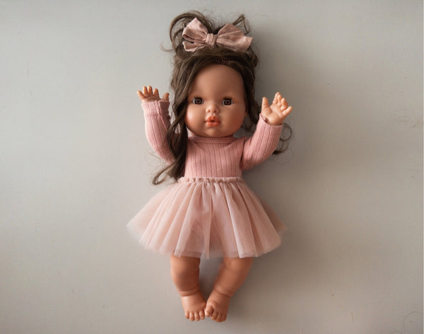 Earth pink ribbed long sleeve leotard, hair bow + tulle skirt 3 pc set for 34 or 38 cm doll