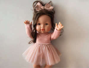 Earth pink ribbed long sleeve leotard, hair bow + tulle skirt 3 pc set for 34 or 38 cm doll