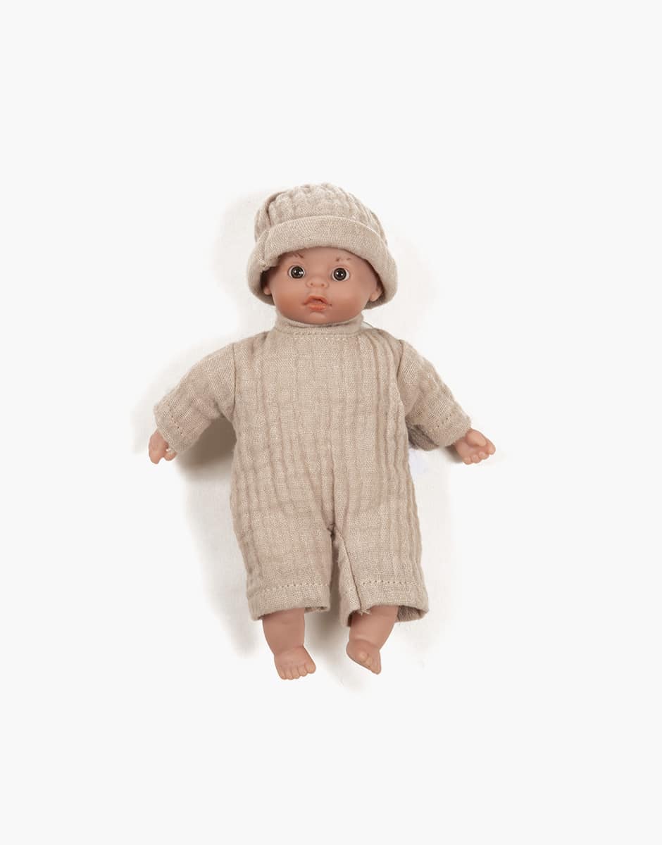 Minikane Mini Dark eye Teo doll in romper and bonnet