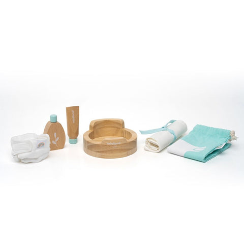 wooden doll care toy set by Miniland