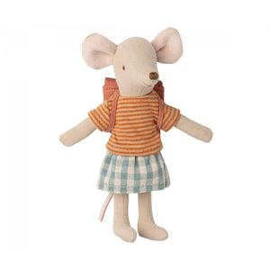 maileg big sister tricycle mouse with bag, old rose