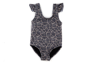 "kai" giraffe print children's upf50+ ruffle tank swimsuit