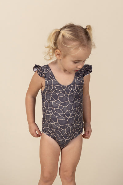 "kai" giraffe print children's upf50+ ruffle tank swimsuit