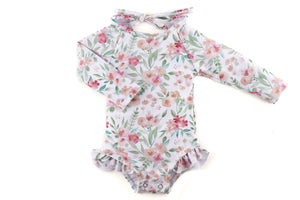 meadow floral print upf 50+ ruffle swimsuit